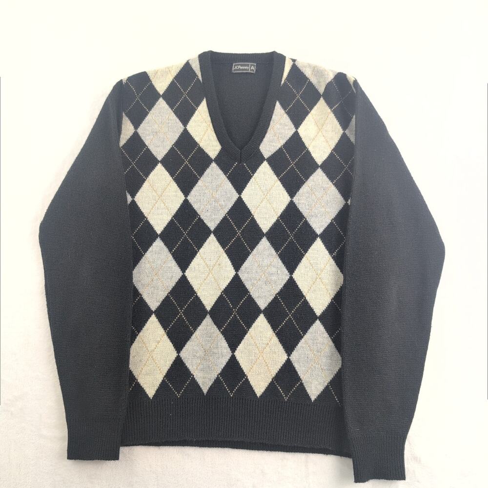 Vintage JCPenney Argyle Wool Blend V Neck PreppyAcademia Professor Men's Med